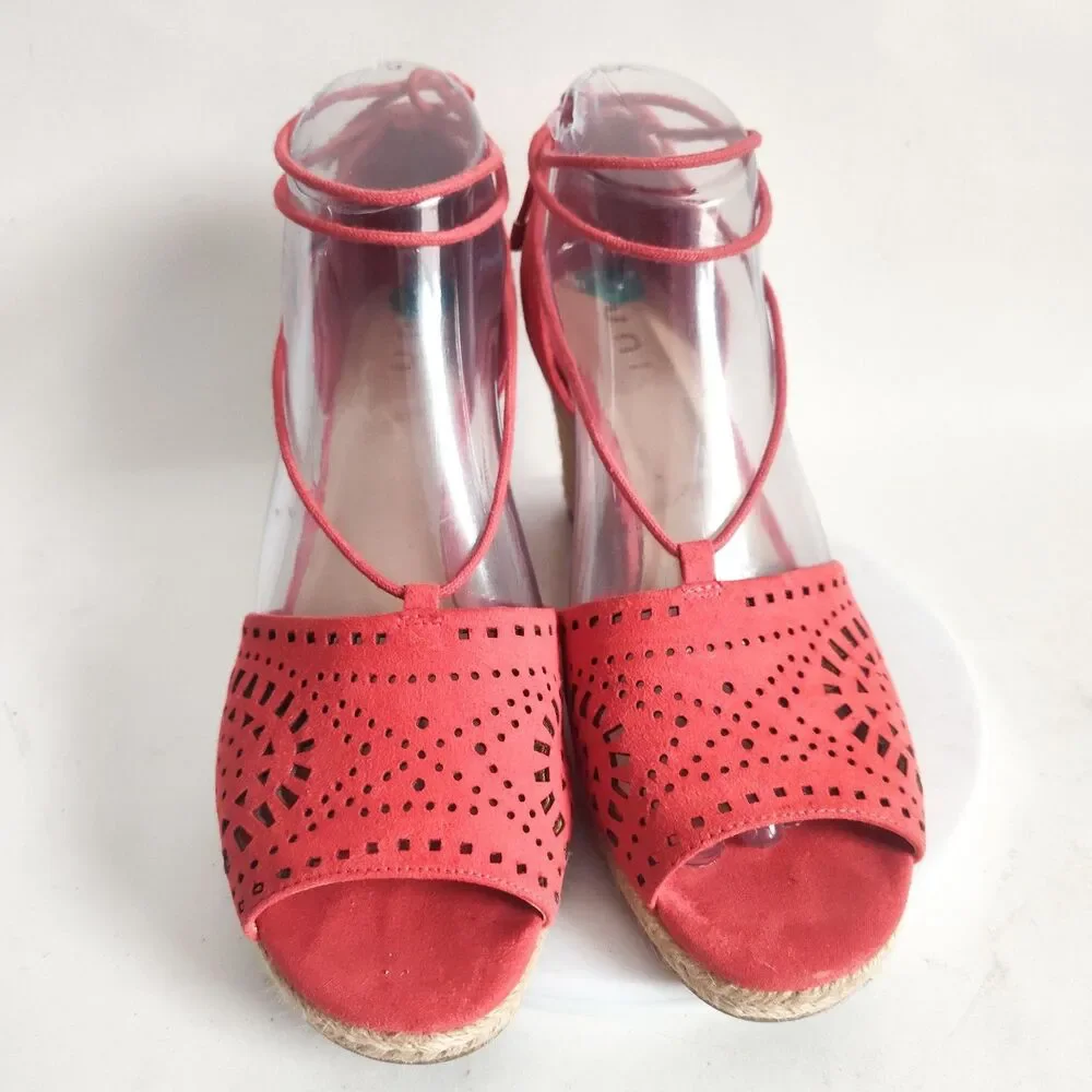 Unisa Red Laser Cut Women's Sandals Size 8 Espadrille‎ Wedge Open Toe Ankle Tie